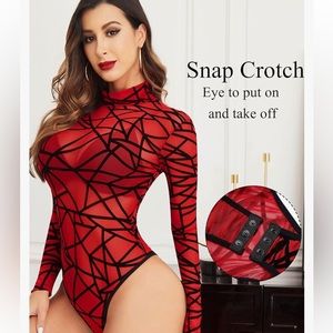 AVIDLOVE Red Semi Sheer Black Webbed Bodysuit NWOT XXL